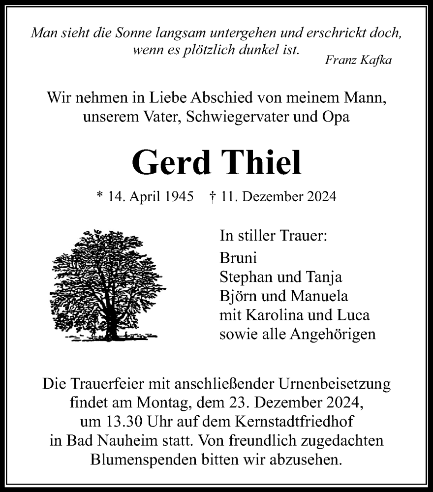  Traueranzeige für Gerd Thiel vom 19.12.2024 aus Wetterauer Zeitung