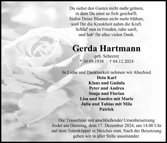 Traueranzeige von Gerda Hartmann von Lauterbacher Anzeiger