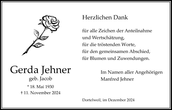 Traueranzeige von Gerda Jehner von Bad Vilbel/Karben