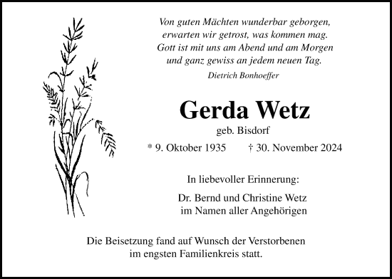 Traueranzeige von Gerda Wetz von Butzbacher Zeitung
