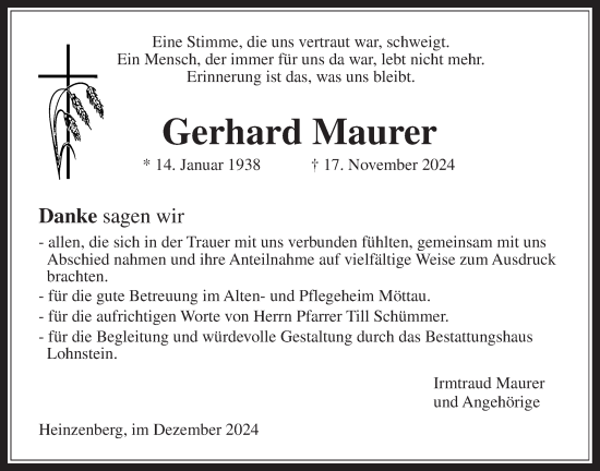 Traueranzeige von Gerhard Maurer von Usinger Anzeiger, Usinger Anzeigenblatt, Usinger Anzeiger, Usinger Anzeigenblatt