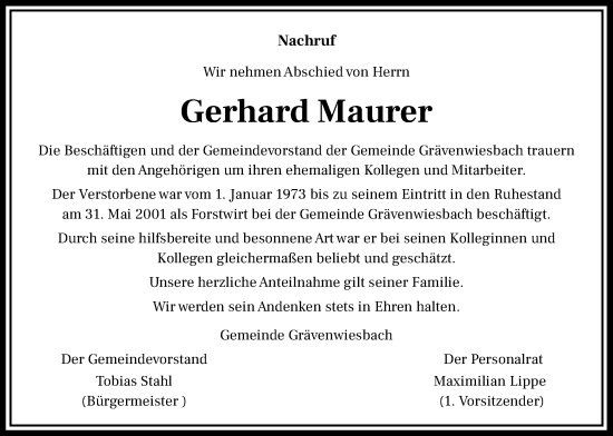Traueranzeige von Gerhard Maurer von Usinger Anzeiger
