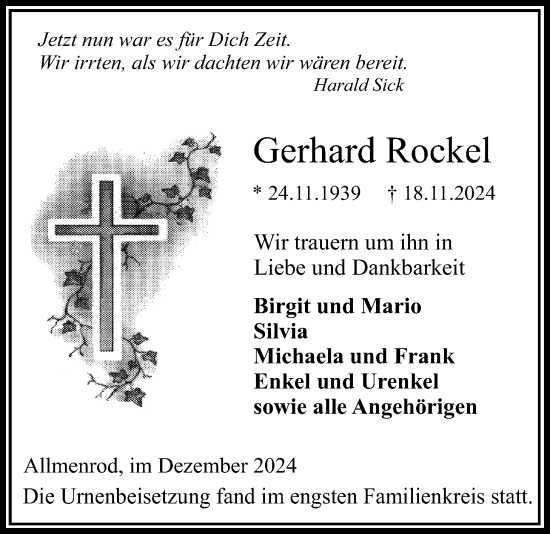 Traueranzeige von Gerhard Rockel von Lauterbacher Anzeiger