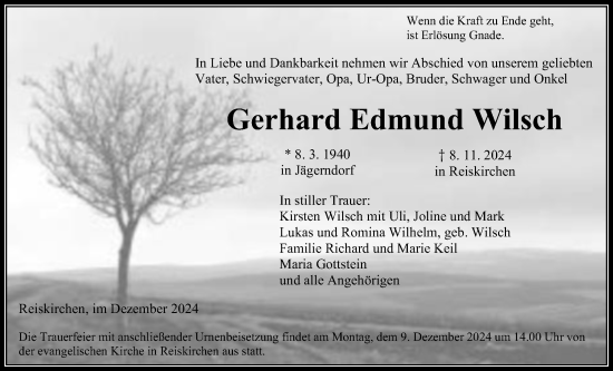 Traueranzeige von Gerhard Edmund Wilsch von Giessener Allgemeine, Alsfelder Allgemeine, Giessener Anzeiger