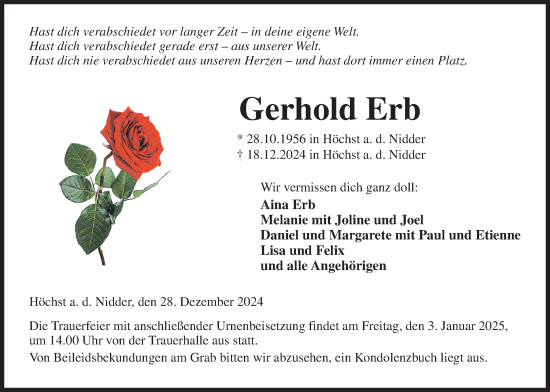 Traueranzeige von Gerhold Erb von Kreis-Anzeiger