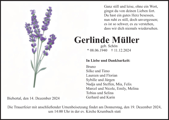 Traueranzeige von Gerlinde Müller von Giessener Anzeiger