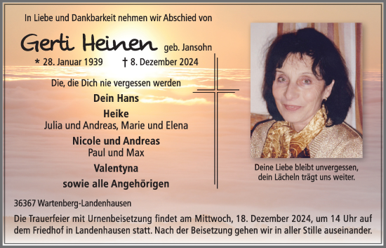 Traueranzeige von Gerti Heinen von Lauterbacher Anzeiger
