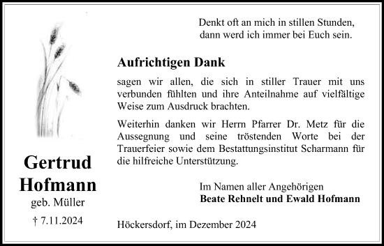 Traueranzeige von Gertrud Hofmann von Mücker Stimme, Alsfelder Allgemeine, Oberhessische Zeitung, Alsfelder Allgemeine, Oberhessische Zeitung