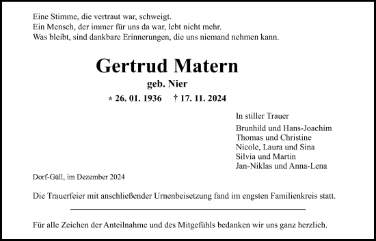 Traueranzeige von Gertrud Matern von Giessener Allgemeine, Alsfelder Allgemeine