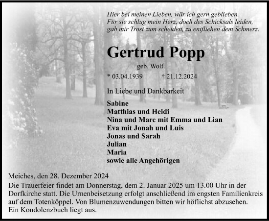 Traueranzeige von Gertrud Popp von Lauterbacher Anzeiger