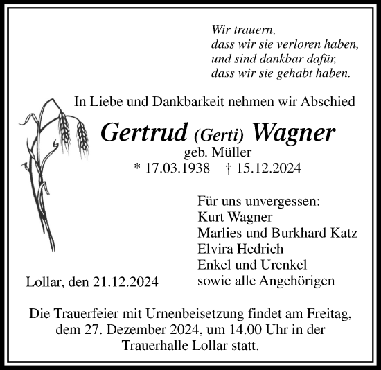 Traueranzeige von Gertrud Wagner von Giessener Allgemeine, Alsfelder Allgemeine, Giessener Allgemeine, Alsfelder Allgemeine