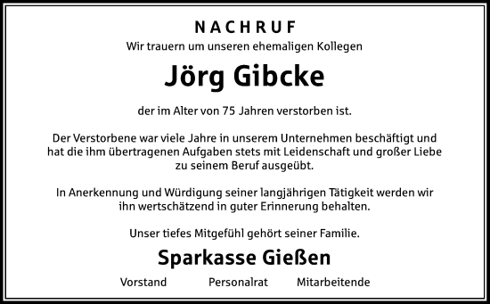 Traueranzeige von Gibcke Gibcke von Giessener Anzeiger, Giessener Allgemeine, Alsfelder Allgemeine