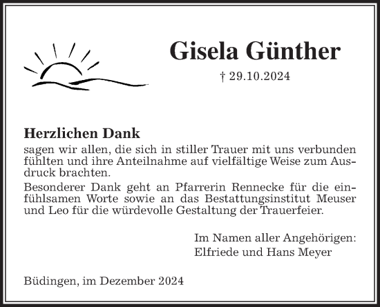 Traueranzeige von Gisela Günther von Kreis-Anzeiger