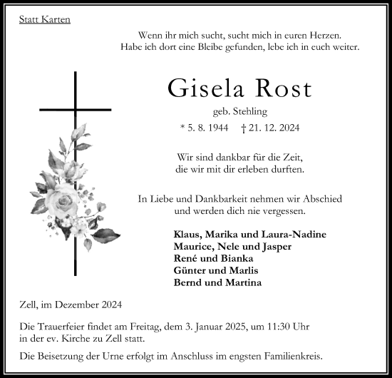 Traueranzeige von Gisela Rost von Oberhessische Zeitung