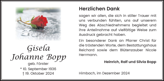 Traueranzeige von Gisela Johanne Bopp von Kreis-Anzeiger