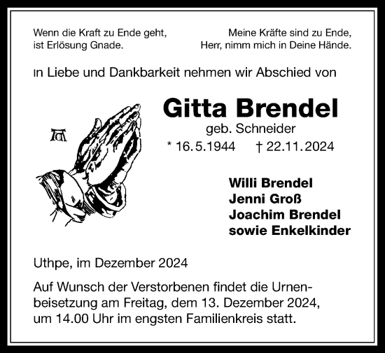 Traueranzeige von Gitta Brendel von Licher Wochenblatt