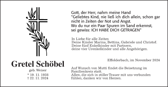 Traueranzeige von Gretel Schöbel von Kreis-Anzeiger, 