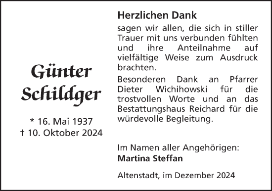 Traueranzeige von Günter Schildger von Kreis-Anzeiger