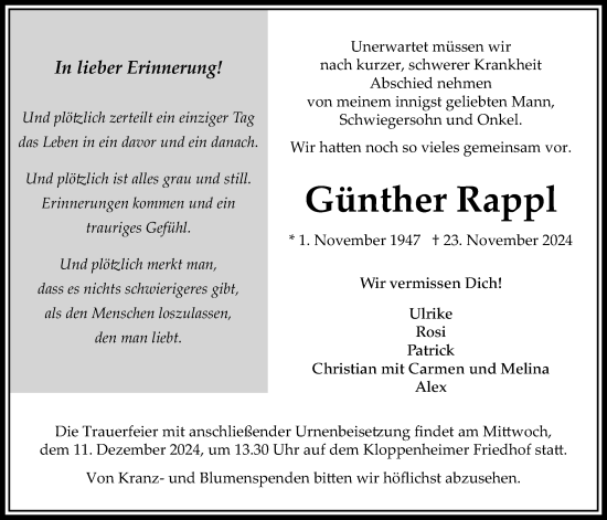 Traueranzeige von Günther Rappl von Bad Vilbel/Karben
