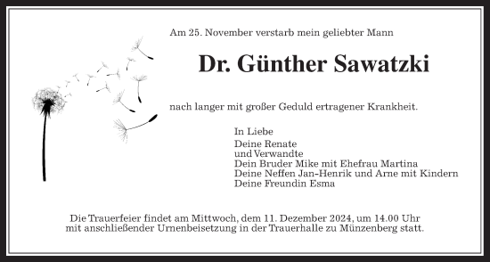 Traueranzeige von Günther Sawatzki von Butzbacher Zeitung