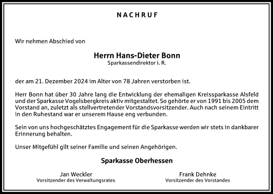 Traueranzeige von Hans-Dieter Bonn von Oberhessische Zeitung