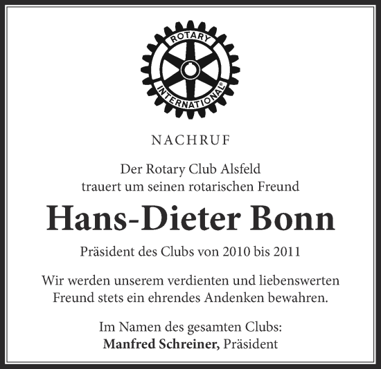 Traueranzeige von Hans-Dieter Bonn von Oberhessische Zeitung