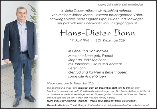 Traueranzeige von Hans-Dieter Bonn von Oberhessische Zeitung