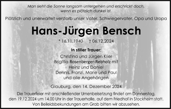 Traueranzeige von Hans-Jürgen Bensch von Kreis-Anzeiger