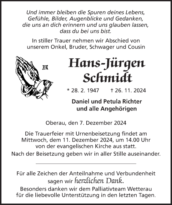 Traueranzeige von Hans-Jürgen Schmidt von Kreis-Anzeiger