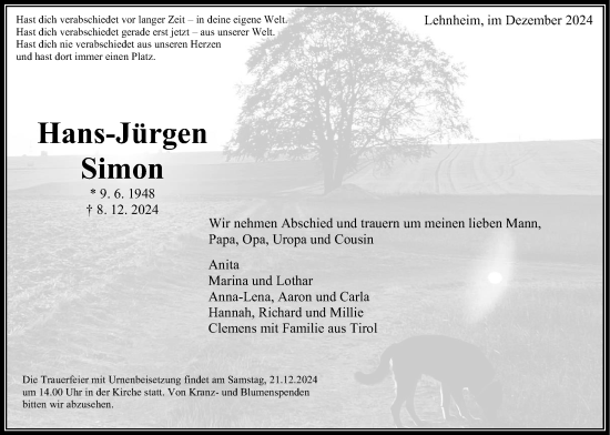 Traueranzeige von Hans-Jürgen Simon von Giessener Allgemeine, Alsfelder Allgemeine