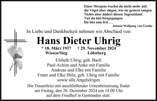 Traueranzeige von Hans Dieter Uhrig von Usinger Anzeiger