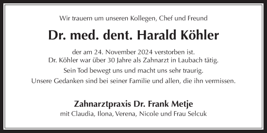 Traueranzeige von Harald Köhler von Laubacher Anzeiger