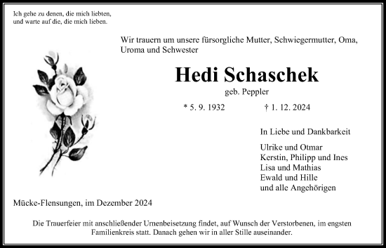 Traueranzeige von Hedi Schaschek von Mücker Stimme, Giessener Allgemeine, Alsfelder Allgemeine