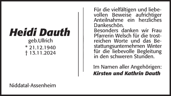 Traueranzeige von Heidi Dauth von Wetterauer Zeitung, Wetterauer Zeitung