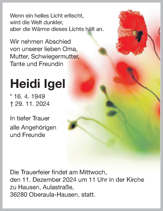 Traueranzeige von Heidi Igel von Oberhessische Zeitung