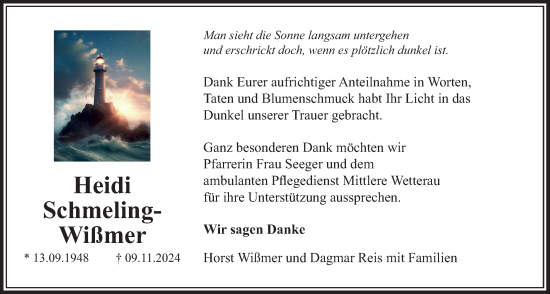 Traueranzeige von Heidi Schmeling-Wißmer von Wetterauer Zeitung, Wetterauer Zeitung