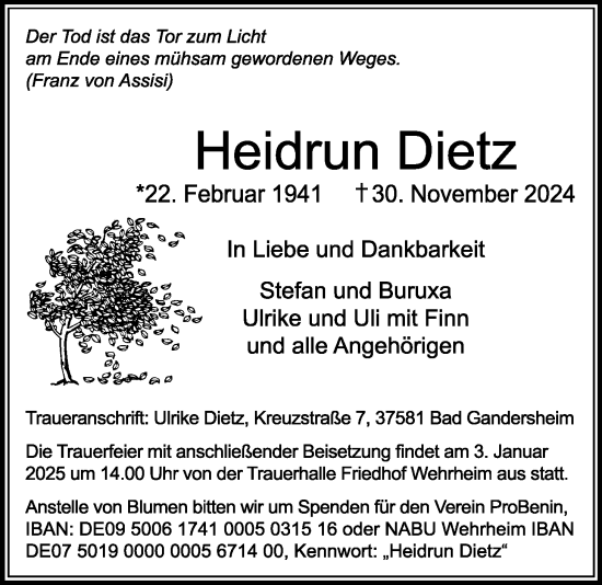 Traueranzeige von Heidrun Dietz von Usinger Anzeigenblatt