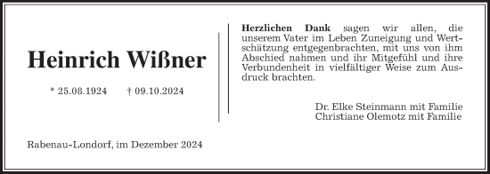 Traueranzeige von Heinrich Wißner von Rabenauer Zeitung