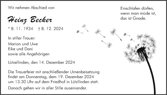 Traueranzeige von Heinz Becker von Giessener Allgemeine, Alsfelder Allgemeine