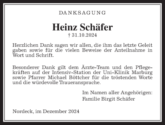 Traueranzeige von Heinz Schäfer von Allendorfer Mitteilungen, Giessener Allgemeine, Alsfelder Allgemeine, Giessener Allgemeine, Alsfelder Allgemeine