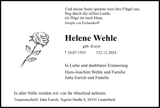 Traueranzeige von Helene Wehle von Lauterbacher Anzeiger