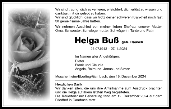 Traueranzeige von Helga Buß von Licher Wochenblatt