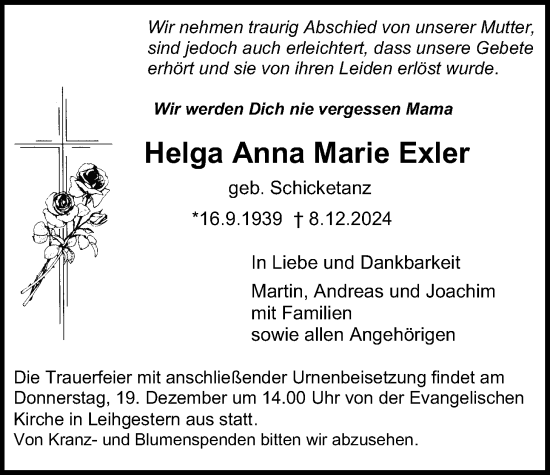 Traueranzeige von Helga Anna Marie Exler von Giessener Allgemeine, Alsfelder Allgemeine