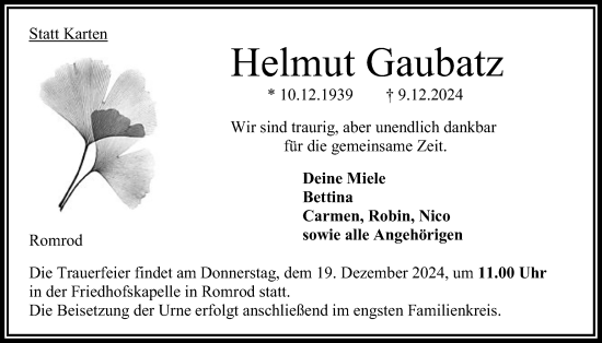 Traueranzeige von Helmut Gaubatz von Oberhessische Zeitung