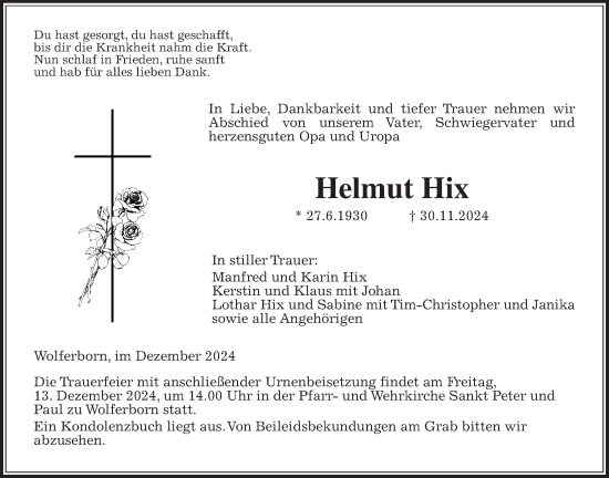 Traueranzeige von Helmut Hix von Kreis-Anzeiger