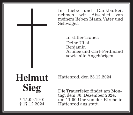 Traueranzeige von Helmut Sieg von Giessener Allgemeine, Alsfelder Allgemeine, Giessener Anzeiger