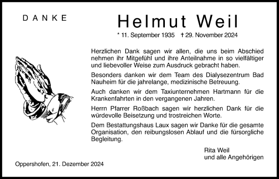 Traueranzeige von Helmut Weil von Butzbacher Zeitung, Wetterauer Zeitung, Butzbacher Zeitung, Wetterauer Zeitung