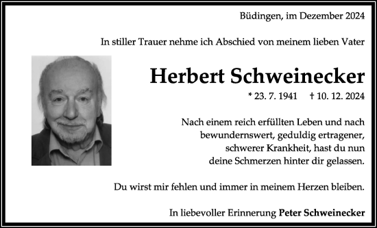 Traueranzeige von Herbert Schweinecker von Kreis-Anzeiger
