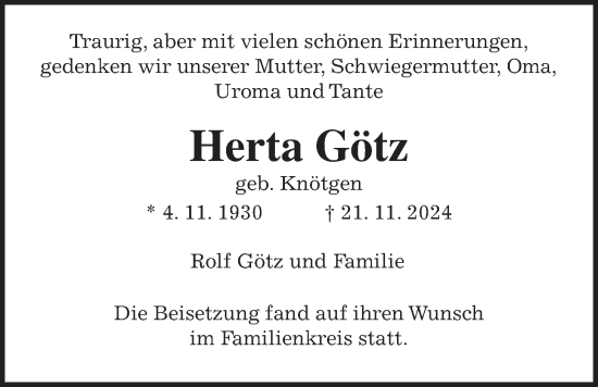 Traueranzeige von Herta Götz von Usinger Anzeiger