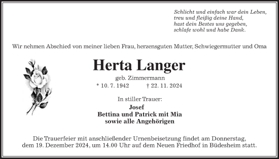 Traueranzeige von Herta Langer von Bad Vilbel/Karben